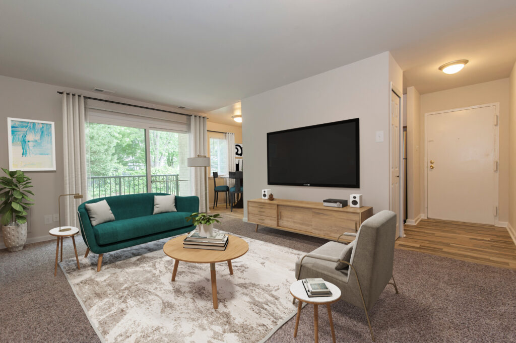 Living room of a 1 bedroom, 1 bathroom apartment unit