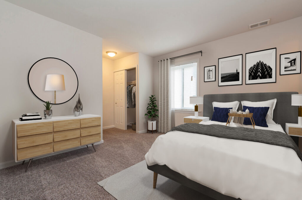 Master bedroom in a 3 bedroom, two bathroom apartment unit