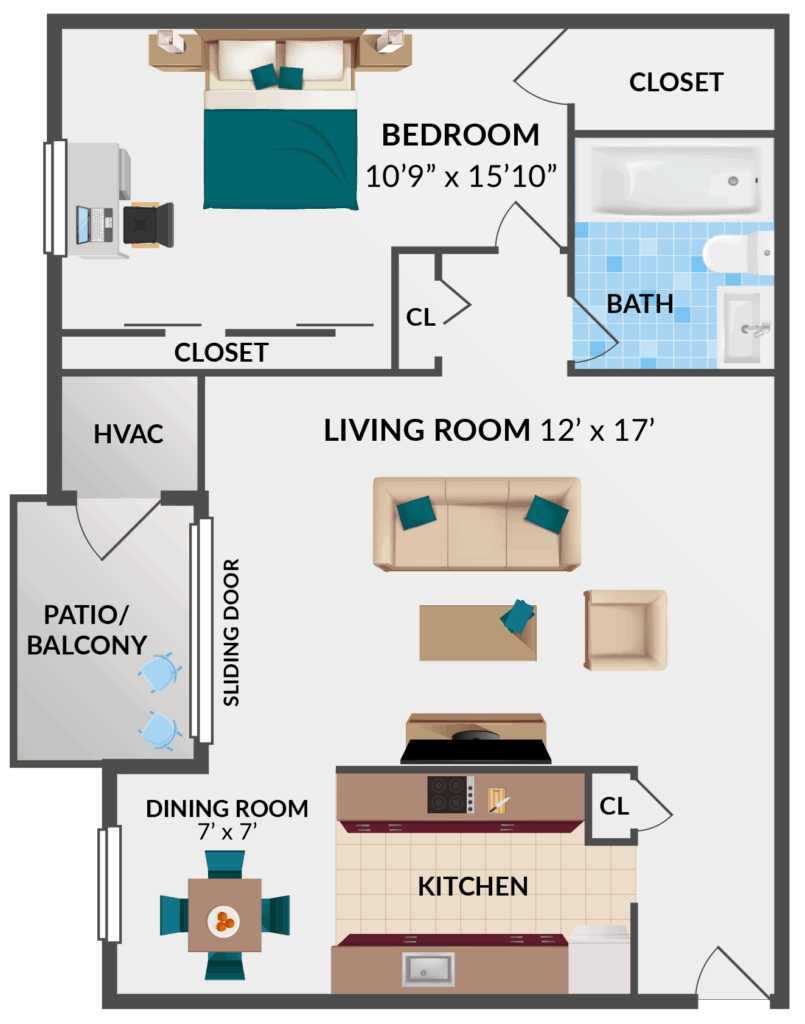 1 bedroom, 1 bathroom floorplan