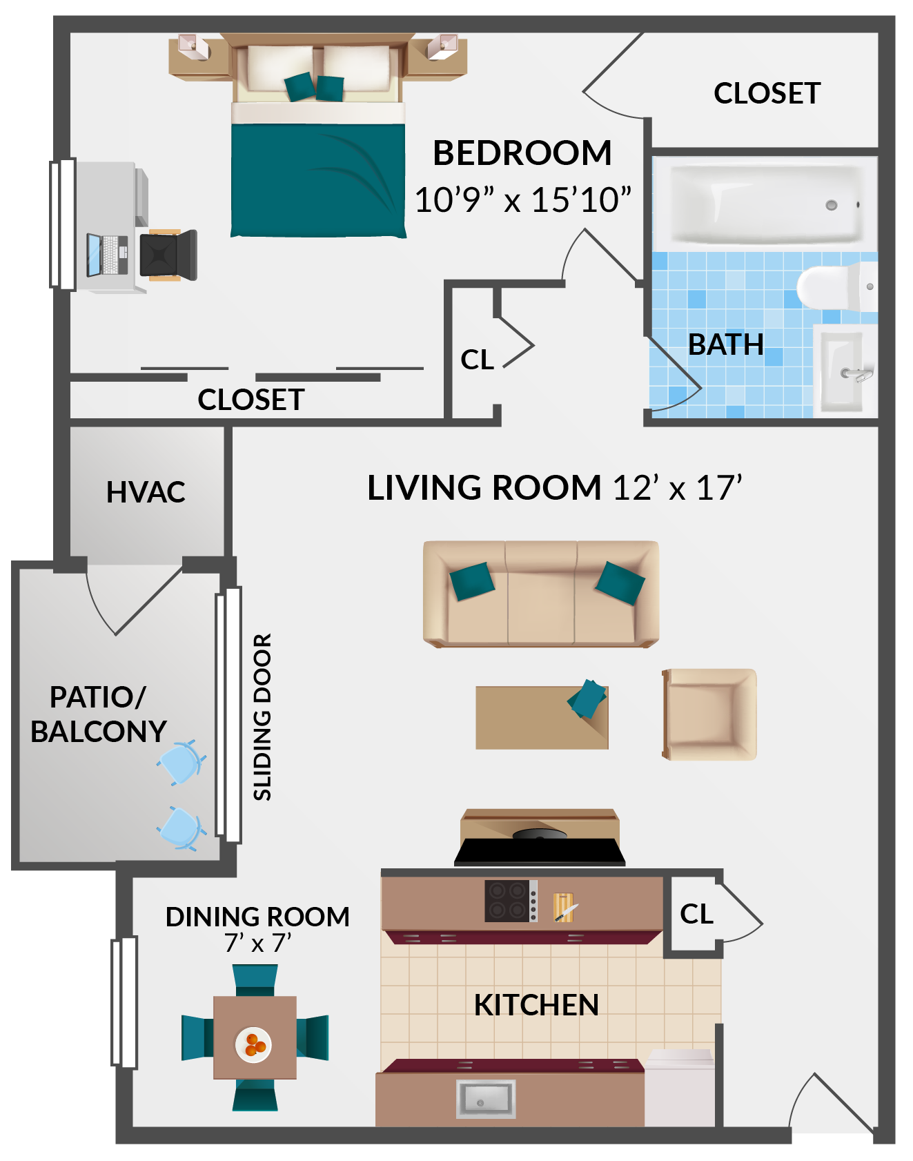 1 bedroom, 1 bathroom floorplan