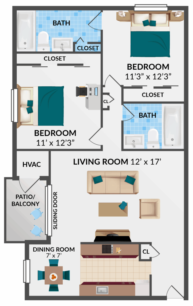 2 bedroom, 2 bathroom floorplan