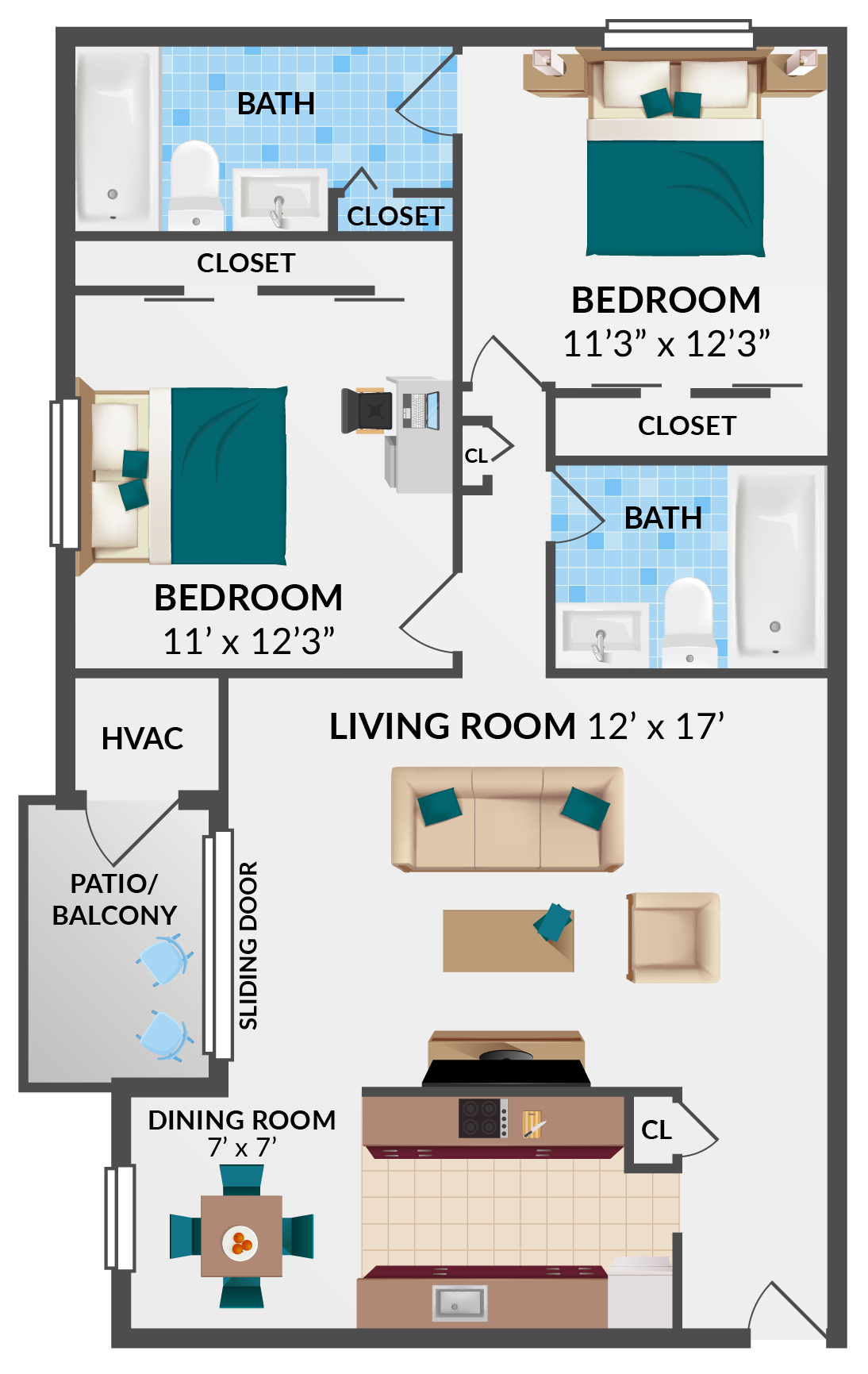 2 bedroom, 2 bathroom floorplan