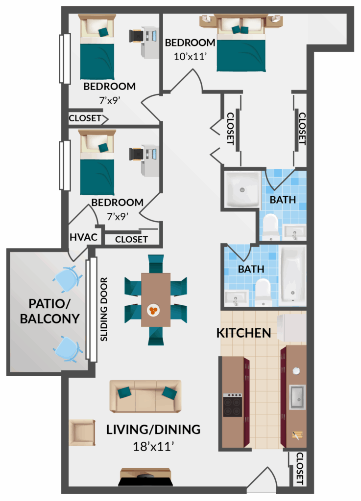 3 bedroom, 2 bathroom floorplan