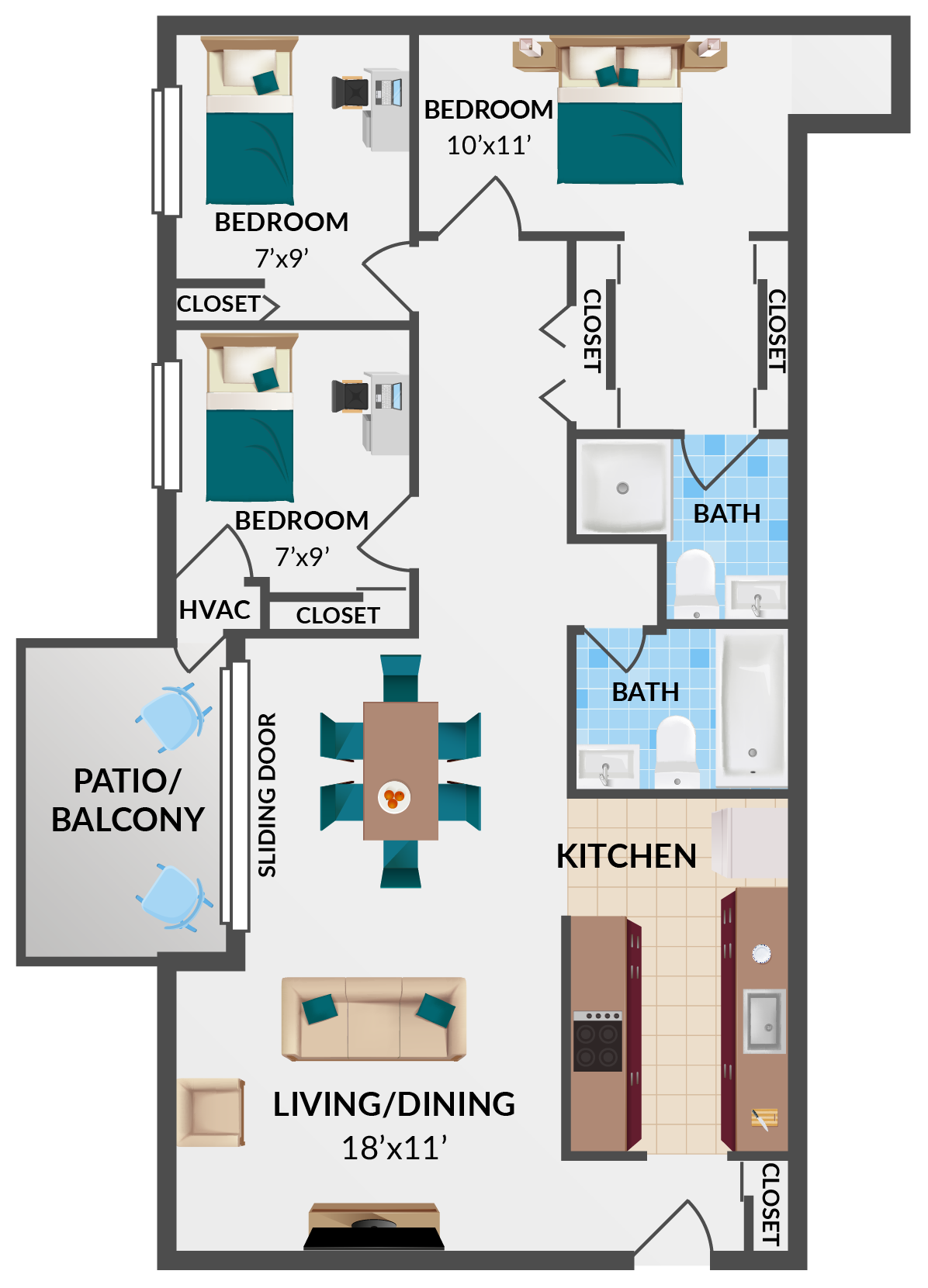 3 bedroom, 2 bathroom floorplan